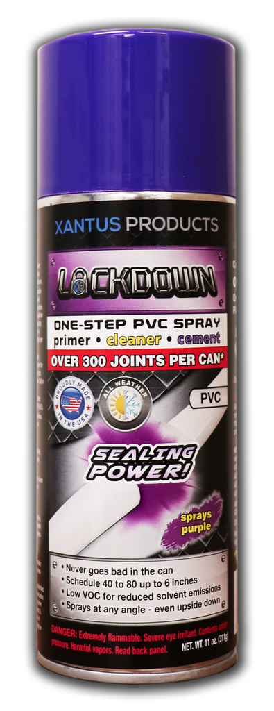 LD-11P LOCKDOWN 11OZ PURPLE PVC CEMENT AEROSOL ONE-STEP PVC SPRAY, CEMENT, CLEANER, AND PRIMER