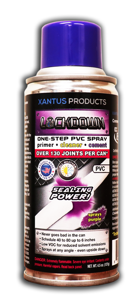 LD-04P LOCKDOWN 4.5OZ PURPLE PVC CEMENT AEROSOL ONE-STEP PVC SPRAY, CEMENT, CLEANER, AND PRIMER