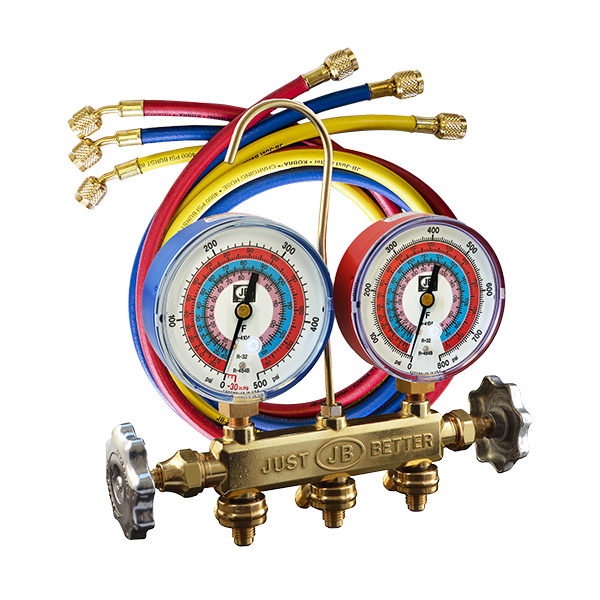 22633 JB PATRIOT MANIFOLD 2 VALVE - R32 / R454B / R410 3 1/8" ILLUMINATING GAUGE W/ CCLE KOBRA HOSE SET