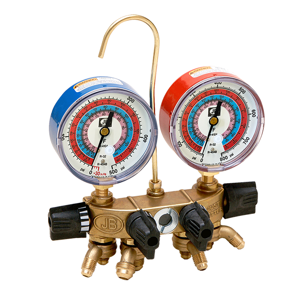 26625 JB 4 VALVE BALL VALVE MANIFOLD W/R-32, R-454B, R-410A - NO HOSES - 80MM ILLUM GAUGES