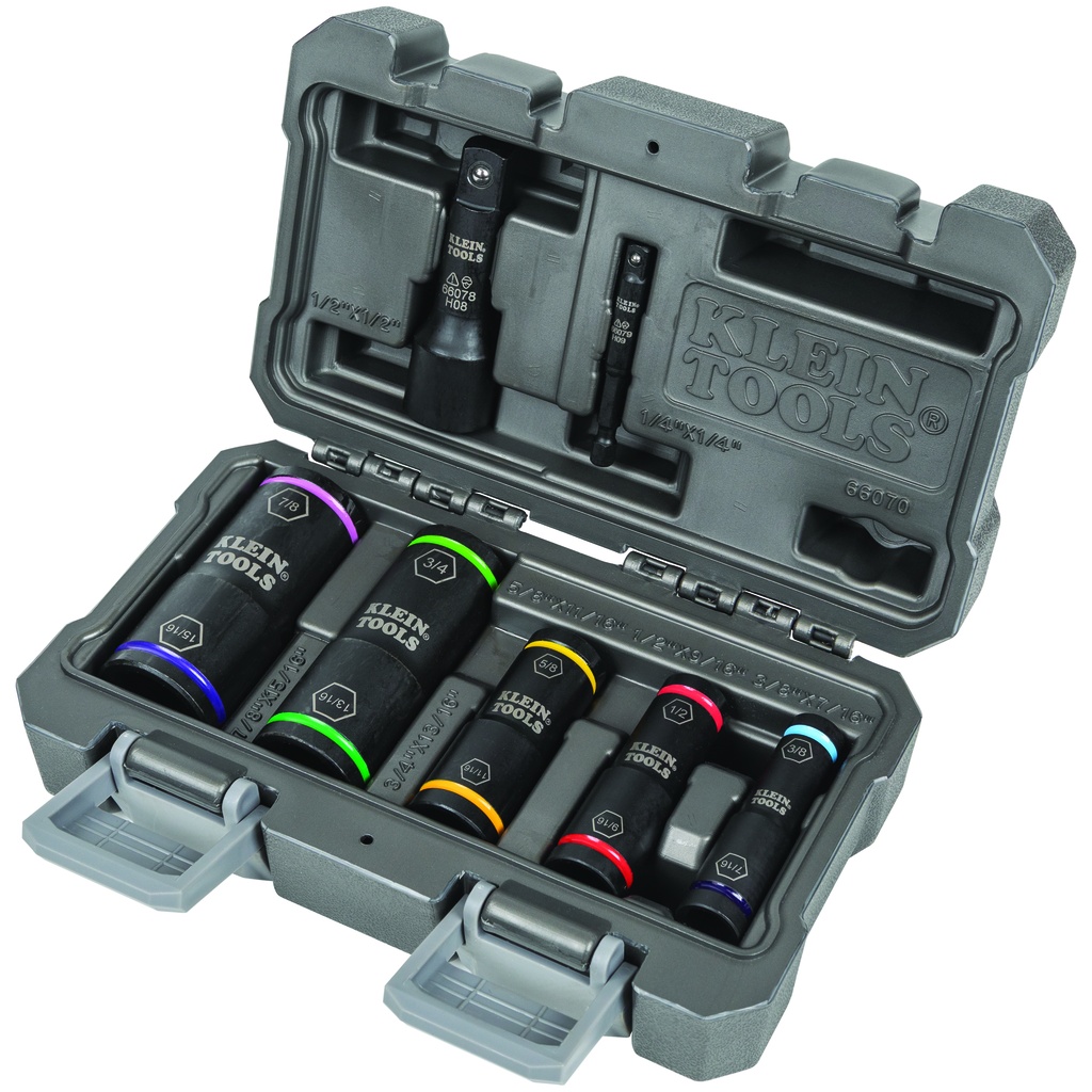 KLEIN 7 PIECE FLIP IMPACT SCOKET SET 3/8 x 7/16, 1/2 x 9/16, 5/8 x 11/16, 3/4 x 13/16, and 7/8 x 15/16