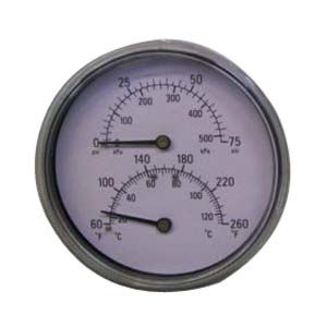 R245600 PRESSURE TEMPERATURE GAUGE 1/2 NPT CBM 75PSI 60/260 DEG 3-1/2" FACE