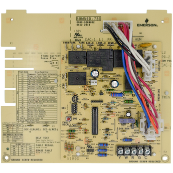 50M56D-751 EMERSON CARRIER DIRECT REPLACEMENT INTEGRATED FURNACE CONTROL FOR SINGLE STAGE 120V HOT SURFACE IGNITION AND PSC BLOWER MOTORS WITH SYSTEM "EDGE CARD" PLUG FACTORY WIRING. REPLACES CESO110057-00, -01, -02 AND ICM281.