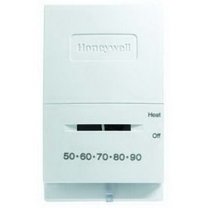 T827K1009 VERTICAL MOUNTED. HEAT ONLY. TERMINALS: R, W. SCALE: 50-90F. SYSTEM SWITCH: HEAT/OFF. FAN SWITCH: NONE