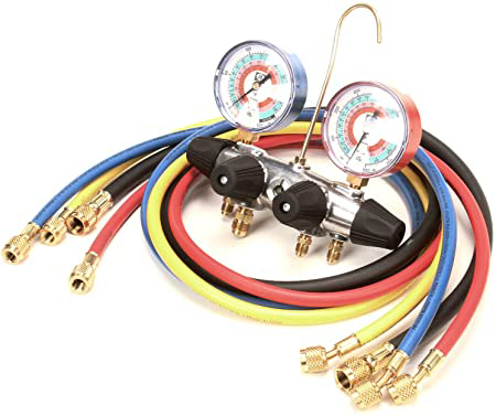 25246 4 VALVE ALUMINUM MANIFOLD W/R-22, R-404A, R-410A, 80MM ILLUMINATING GAUGES WITH CCLS-60 HOSES